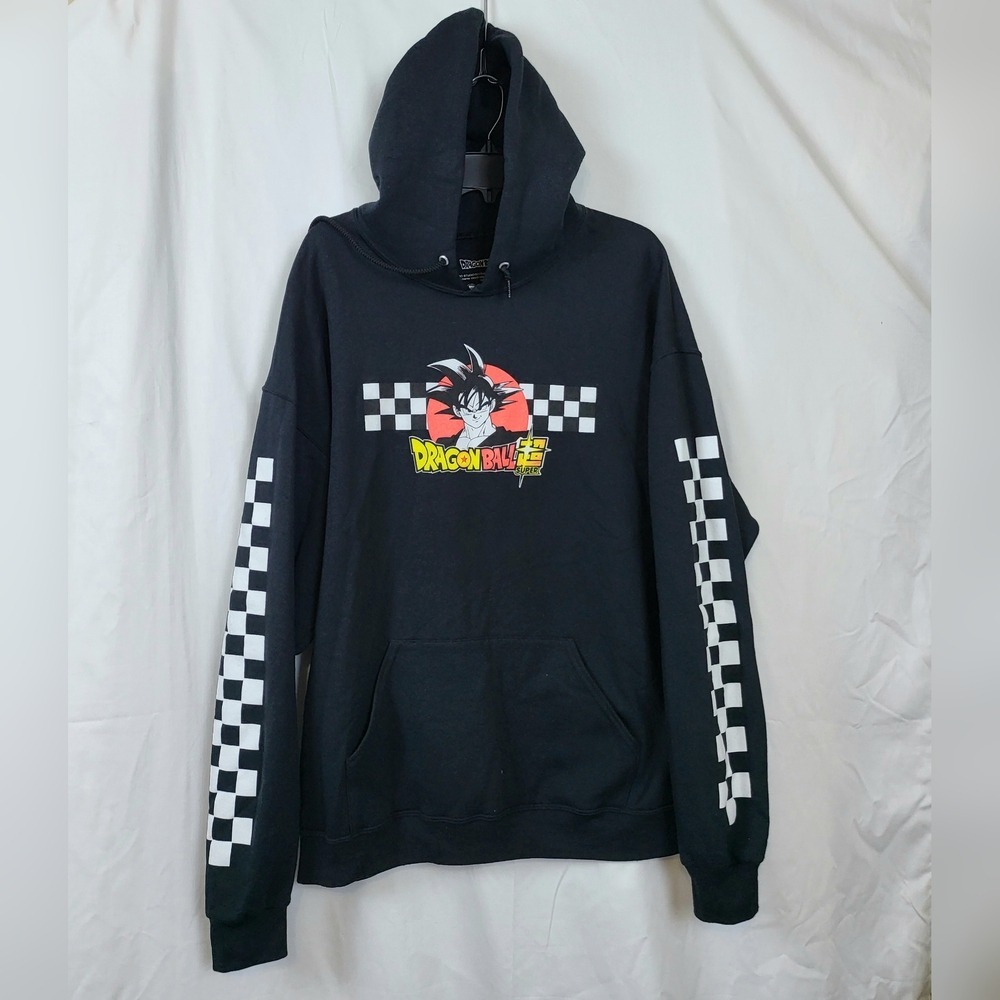 Dragon Ball Z Mens Black Goku Checkered Long Sleeve Fleece Lined Anime Hoodie XL